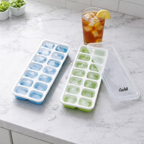 Image of Clazkit Silicone Ice Cube Tray with Lid (2 Pack, 14 Cavities Each) | Easy Pop-Out Square Ice Mold | BPA Free Flexible Ice Tray | Stackable Ice Cube Maker for Freezer, Whiskey, Cocktails, Juice