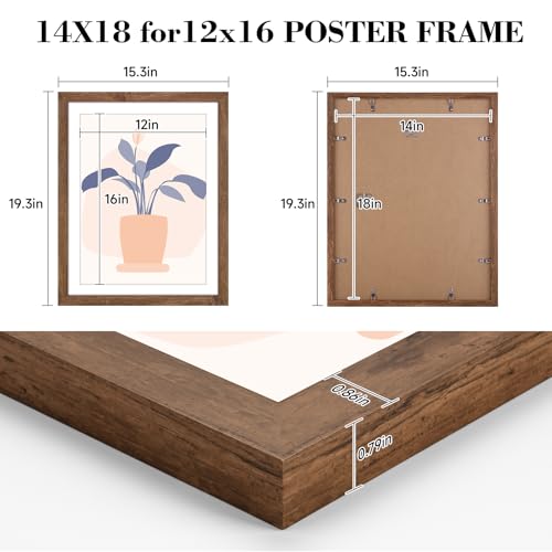 Image of HLiWEGNS Light Walnut 14x18 Frame Set of 3 - Rustic Woodgrain 14 x 18 Poster Frame for Pictures 12x16 with Mat or 14x18 Picture Frame Without Mat for Wall Gallery Display - Ideal Christmas Day