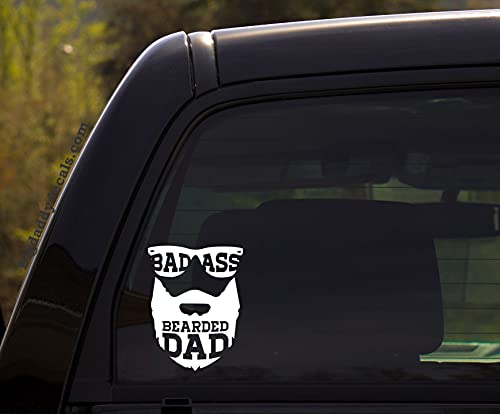 RUNNING L8 Bad Ass Bearded Dad - Funny, Man of House, Dad, Daddy, Father, Beard, Sunglasses, Cool Vinyl Decal Sticker for Window of Car, Van, Truck, White