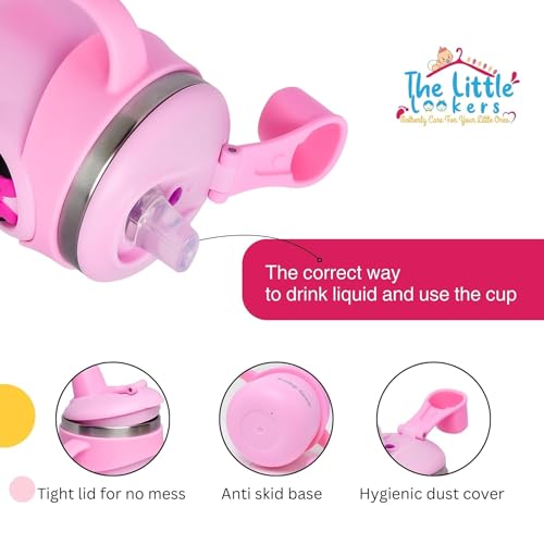 Image of THE LITTLE LOOKERS Stainless Steel Sipper Bottle 260ml | 316 Grade SS | BPA Free | Suitable for Hot & Cold | Travelling Bottle for Kids & Toddler | Training Sippy Cup with Straw /Spout (Pink)