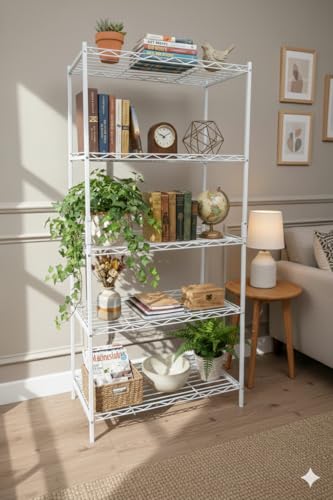 Image of IRON LANDS 5 Tier Shelf Heavy Duty Multipurpose Storage Stand - Metal Rack Kitchen Organizer | Bathroom Countertop, Microwave Oven Stand for Modular Kitchen, Living Room, Bedroom & Office (White)