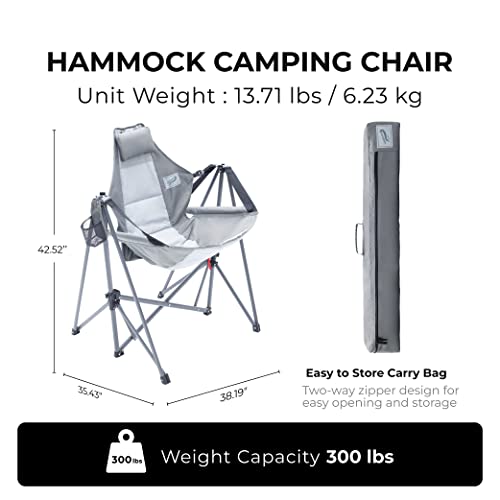 Portable Swing Hammock Chair | Foldable Recliner Rocking Lounger with Headrest &amp; Drink Holder | Outdoor Sports, Beach, Lawn, Hunting, Tailgating, Fishing | Supports 300Lbs (Grey)
