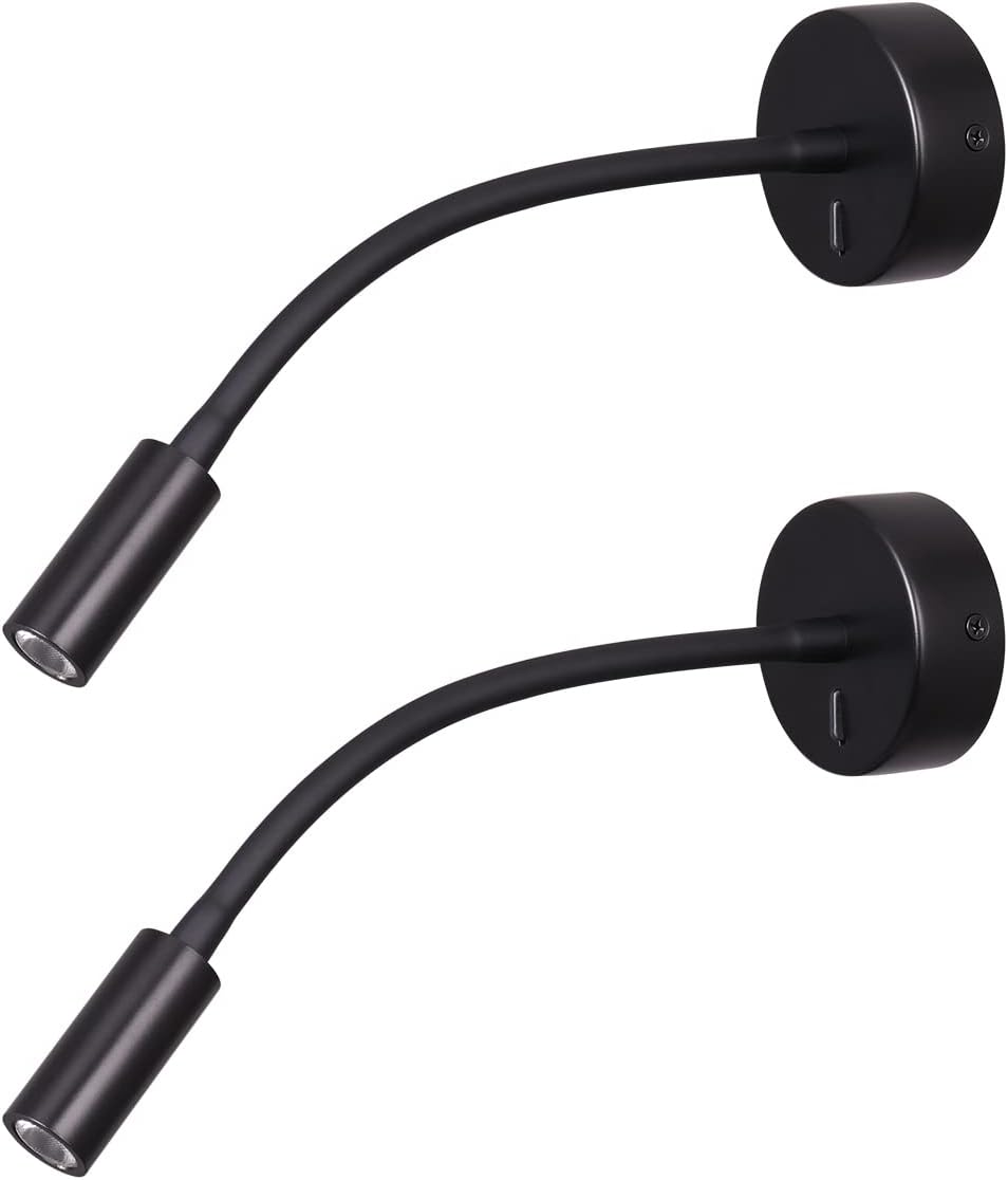 Wall Mounted Reading Lamp LED 3W Warm White 3000K Hardwired for Reading Matt Black(Black Hard-Wired 2PCS)