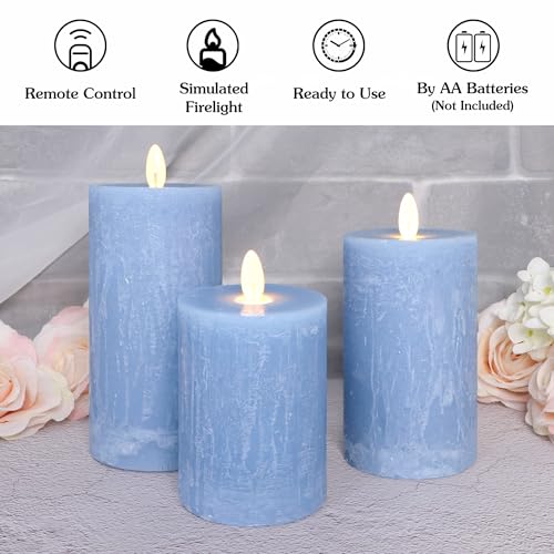 Image of Rustic Blue Flameless Candles with Remote Control & Timer Real Wax Ocean Pillar LED Candles Rough Texture Design Battery Candles for Home Party Nautical Wedding Christmas Valentine's Day Decor