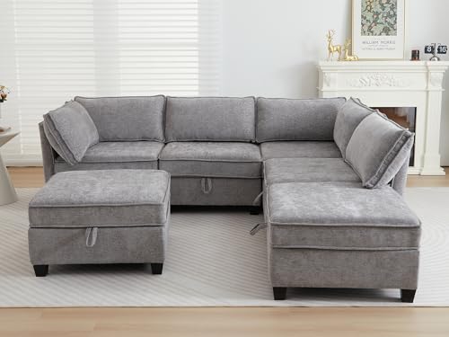 Image of ORRD Corner Modular Sectional Sofa Set, Convertible L Shaped Couch with Storage, 6 Seater Sofa Modular with Ottomans and Reversible Chaise for Living Room, Office (Grey)