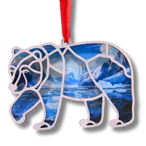 Polar Bear Ornament with 2 Layers Wood and Acrylic, Cute Rearview Mirror Hanging Ornament, Cheerful Gift for Polar Bear Lovers, Easy to Hang and Decoration Anywhere
