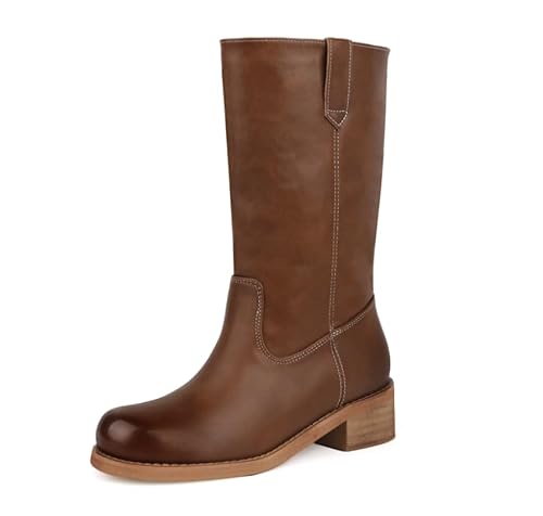KISSASA Brown Mid Calf Boots for Women Round Toe Low