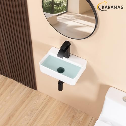 KARAMAG Small Vessel Sink 14"x10" Wall Mount Bathroom Sink Rectangular White Porcelain Ceramic Mini Floating Tiny Bathroom Wall Mounted RV Sink by KARAMAG - Used condition - Image 6