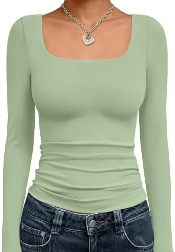 Trendy Queen Womens Long Sleeve Shirts Crop Tops Basic Double Layering Tight Slim Fit Y2K T Shirts Winter Clothes 2024
