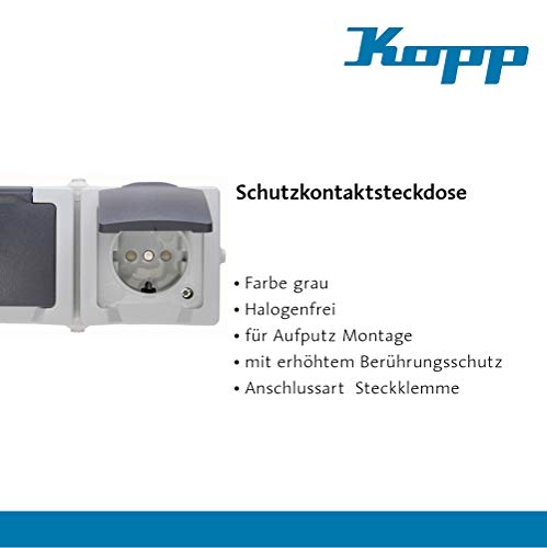 Kopp Nautic 2-fach Steckdose Aufputz für Feuchtraum mit Klapp-Deckel & Berührungsschutz I Schutzkontakt-Steckdose 16 A / 250 V / IP44 I Aufputz-Steckdose I Grau – 137056002 - Image 4