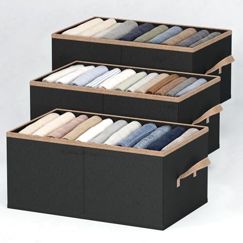 Image of Lukzer 3Pc's Black Foldable Clothes Organiser Storage Box Stackable Space-Saving Wardrobe Organizer for Storage with Handles & Rust-Free Multipurpose Organizers Basket for Almirah Cupboard Pants Jeans