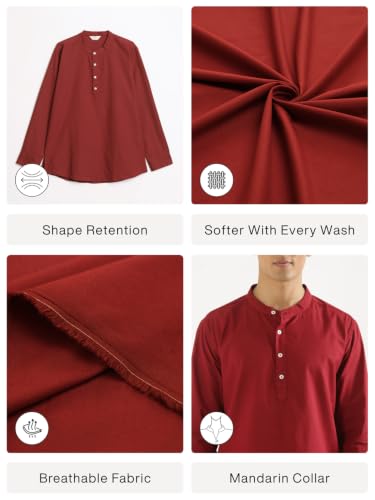 Image of SAADAA Men's Short Kurta - Linen Cotton Blend, Airy Fabric, Regular Fit, Mandarin Collar, Solid Color - Casual, Festive & Ethnic Wear