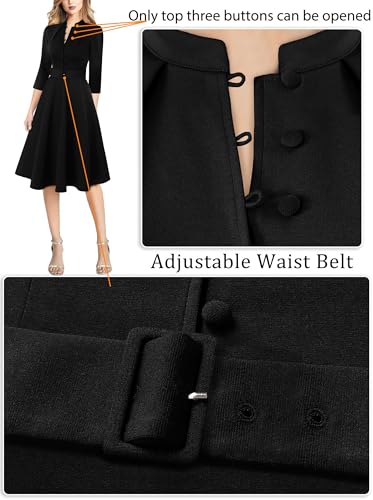 VFSHOW Womens 2024 Business Work Office 3/4 Sleeve Pockets Belted Buttons Elegant Fit and Flare A-Line Dress4