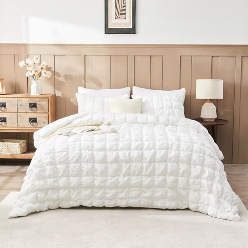 Image of White Comforter Set Queen Size Bed in A Bag 7 Piece Pinch Pleat Bedding Set,Pintuck Ruched Square Bed Set with Comforter, Sheets, Pillowcases & Shams