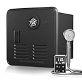 LALAHOO RV Tankless Water Heater with Front Shower Set, 65,000 BTU, 3.9 GPM, 2.80kPa, 12V Instant Endless Hot Water, Remote Control, Front Outlet for All RVs, 15 x 15 inches Black Door
