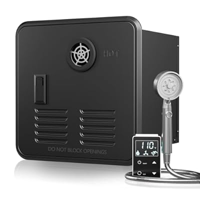 LALAHOO RV Tankless Water Heater with Front Shower Set, 65,000 BTU, 3.9 GPM, 2.80kPa, 12V Instant Endless Hot Water, Remote Control, Front Outlet for All RVs, 15 x 15 inches Black Door