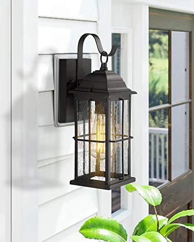 Zeyu 1-Light Outdoor Wall Sconce Lantern, 14 Inch Exterior Light Fixtures Wall Mount In Black Finish With Seeded Glass Shade, 20071B1 #TOP1
