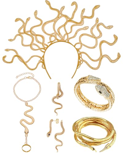 6 Pieces Medusa Headpiece Hairband Greek Goddess Costume Golden Snake Halo Crown Earrings Necklace Bracelet Renaissance Carnival Costumes Halloween Womens Headwear Carnival