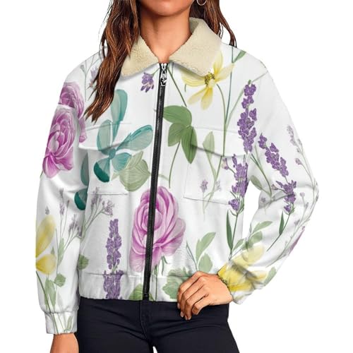 Chaqueta de invierno para mujer con forro polar y estampado floral de margaritas