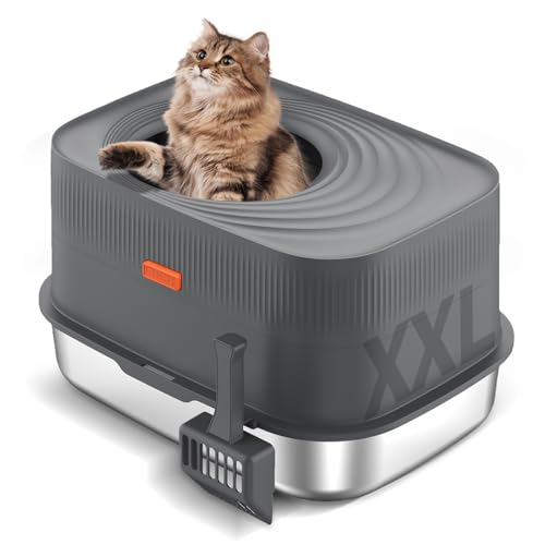 Bartuke Katzenklo mit Deckel geschlossene herausnehmbare Edelstahl Katzentoilette für große Katzen mit Einstieg von Oben Schaufel auslaufsicher leicht zu reinigen (Dunkelgrau)