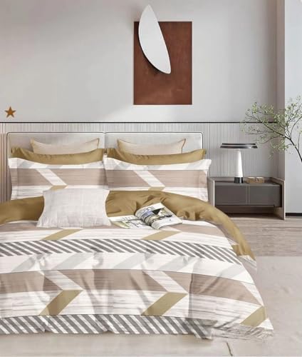 Image of Bedding Set Combo of Double Bed Duvet Cover Set with Fitted Bedsheet & 2 Pillow Covers | 300 TC Cotton Fabric | Zipper Closure |All Round Elastic|Warm Stuff|SED 036|Beige Zigzag | Breathable material