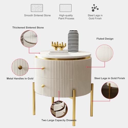 Image of Spain Bedside Table with 2 Drawers, 18x18x18 Inch, Round Sintered Marble Top, Gold Metal Legs & Handle, Waterproof Plywood Body, Modern Side Table for Sofa /Bedroom (White)