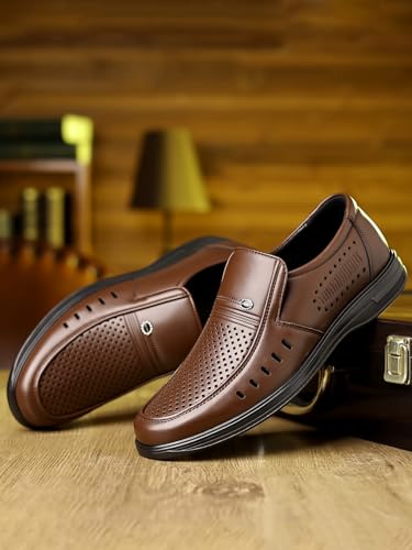 Santimon Men's Breathable Perforated Leather Loafers Slip-On Comfort Casual Office Shoes for Summer2