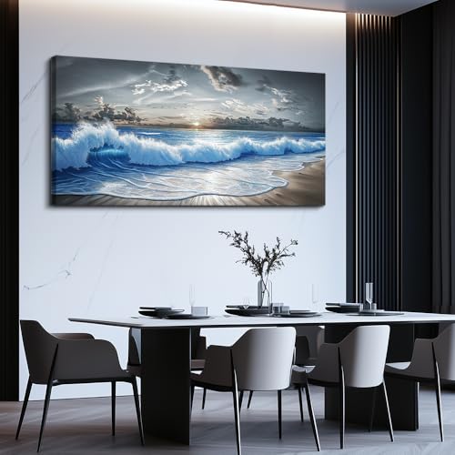 PHAOHUAXM Large Canvas Printed Artworks Mural Wall Decor For Living Room Wall Art For Bedroom Office Decor Black White And Blue Ocean Wave Landscape Painting Modern Home Decor Ready To Hang 30"X60"