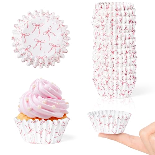 COcnny Bow Mini Cupcake Liners - 300pcs Pink Bowknot Baking Cups Muffin Paper Cupcakes Wrappers for Birthday, Candy Cake Chocolate Wrap Making Supplies for Baby Shower Wedding Bachelorette Party