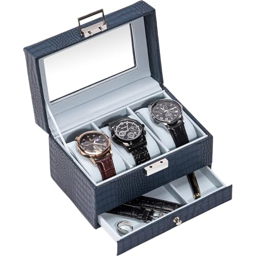 ProCase Watch Box, 3 Slot Watches Display Case with Drawer, Mens Watch Case with Glass Lid, 2-Layer Mens Jewelry Organizer Storage Holder, Birthday Va