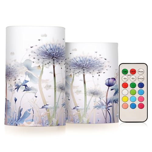 Kigai Dandelion Flowers Flameless Candles with Remote Control and Timer,Battery Operated LED Pillar Candles Adjustable Brightness for Ourdoor Indoor Use,Home Decor,2 Pack