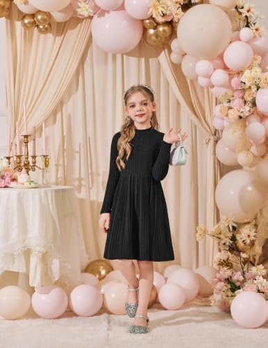 Image of Arshiner Girls Dresses Long Sleeve A Line Knit Sweater Dress with Pockets