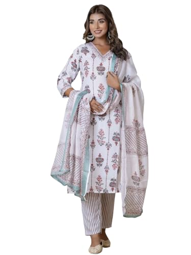 Image of Tee Projekt Women's Cotton Blend V Neck Straight Printed Kurta Pant with Dupatta Set