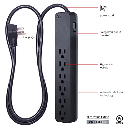 Ge Pro 6-Outlet Surge Protector, 4 Ft Extension Cord, 840 Joules, Power Strip, Flat Plug, Integrated Circuit Breaker, Wall Mount, Ul Listed, Black, 37051 #TOP1