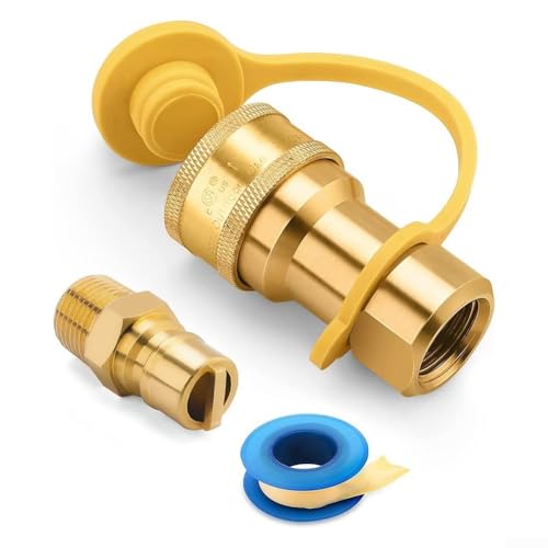 Glewi 1/2" Gas Quick Connect Kit,LP Gas Quick Disconnect Connector,100000 BTU Brass Fitting with Male Insert,with-Cap and Seal Tape