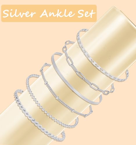 Tornito Women's 8-Piece Stainless Steel Waterproof Ankle Bracelet Set - Layered Cuban, Figaro, and More - Summer Beach Jewelry in Silver Tone - Image 6