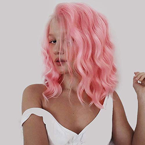 aSulis Hair Short Wave Wigs For Women Pink Synthetic Wig Shoulder Length Wig Middle Part Natural Black Bob Pastel Wavy Wigs for Halloween Cosplay Party Daily Use (Curly Wavy - Pink)