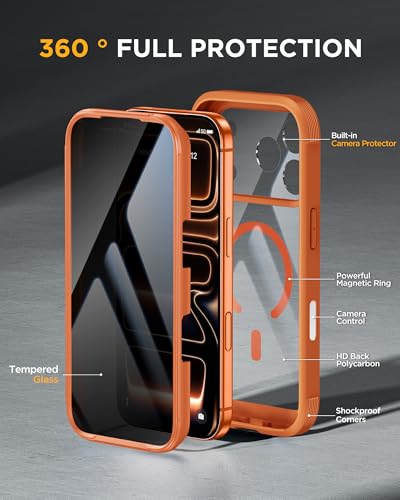Image of miracase for iPhone 17 Pro Privacy Series Case, Magsafe, Orange | Built-in Privacy Screen Protector | 360 Full Protection | Colored Bezel & Clear Back | Shock-Absorbent | 6,3 Inch