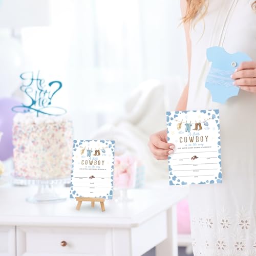 Invitaciones de vaquero para baby shower azul de 5x7 con sobres y pegatinas pack de 25 7