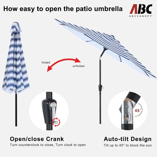 Image of ABCCANOPY 9FT Patio Umbrella Outdoor 8 Ribs Table Umbrella | Fade & UV Resistant Fabric,8 Fiberglass Ribs,Smooth Crank System,Blue White Stripes,Great for Patio,Backyard,Garden,Deck