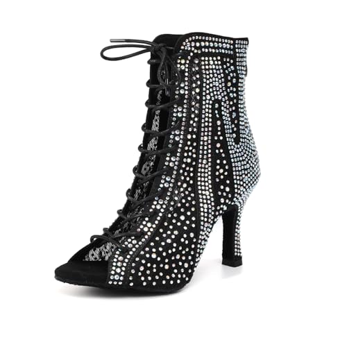 Ballroom Latin Dance Boots for Women Rhinestone Open Toe Dacing Heel 3 1/3 Inch