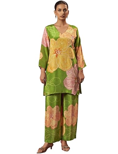 Image of Arangya Women's Pure Crepe Hand Work Co Ord Set for Women l Stylish Modern Kurta with Side Pocket Bottom l Family Gatherings