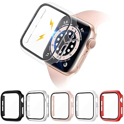 VASG [5 Stück Glas Hülle Kompatibel mit Apple Watch Series SE 2022/6/5/4/SE 40mm PC Gehäuse mit Hartglas Displayschutz für iWatch Schutzhülle Voller Ultradünner Puffer(40mm) Cover