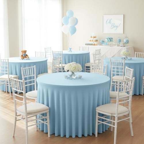 Image of 60 Inch Spandex Round Table Skirts ,Fitted Stretch Tablecloths for Round 5 ft Table, Wrinkle-Free Ruffle Design Tablecloths for Baby Shower, Banquets,Trade Shows, Parties, Events, Baby Blue,6 Pcs