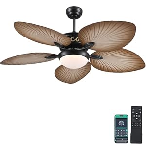 Tropical Ceiling Fans with Lights 52 Inch Indoor Outdoor Palm Leaf Ceiling Fan for Patios Porch Bedroom RemoteAPP Control Dimmable 6 Speeds Reversible Wood Grain