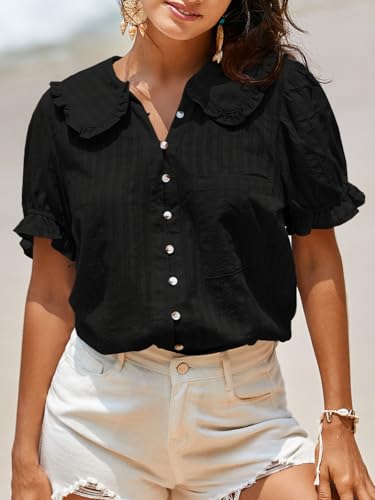 Image of Tankaneo Womens Puff Sleeve Shirts Peter Pan Collar Button Down Cotton Blouse Casual Summer Textured Tops