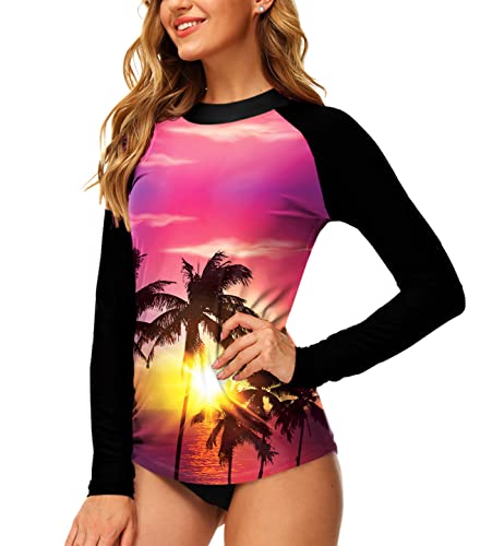 Aobute Women Tropical Rash Guard With Thumb Holes Spf 50 Swim Top Hawaiian Beach Surf Shirt Coconut Tree Pink M #TOP2