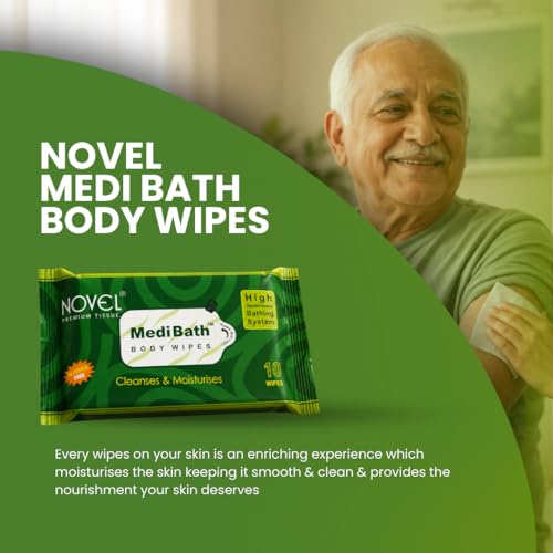 Image of Novel Medi Bath Wet Wipes for cleaning 10 Wipes x Pack of 3 (30 Wipes) | Sponge wipes for Adults with Antiseptic Agent | Enriched with Aloe Vera, Vitamin E | Ready to Use Bed Bath Towel for Men & Women for Cleaning & Moisturizing