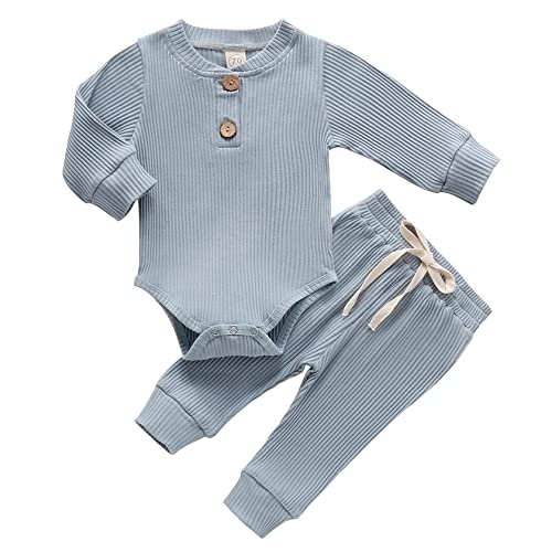 Image of SEVEN YOUNG Newborn Baby Boy Girl Clothes Long Sleeve Knitted Cotton Romper Drawstring Pants Unisex Baby Fall Winter Outfits
