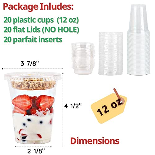 12oz Clear Plastic Parfait Cups with Insert 3.25oz & Flat Lids No Hole - (20 Sets) Yogurt Fruit Parfait Cups for Kids, for Dips and Veggies, Take Away Breakfast and Snacks. No Leaking